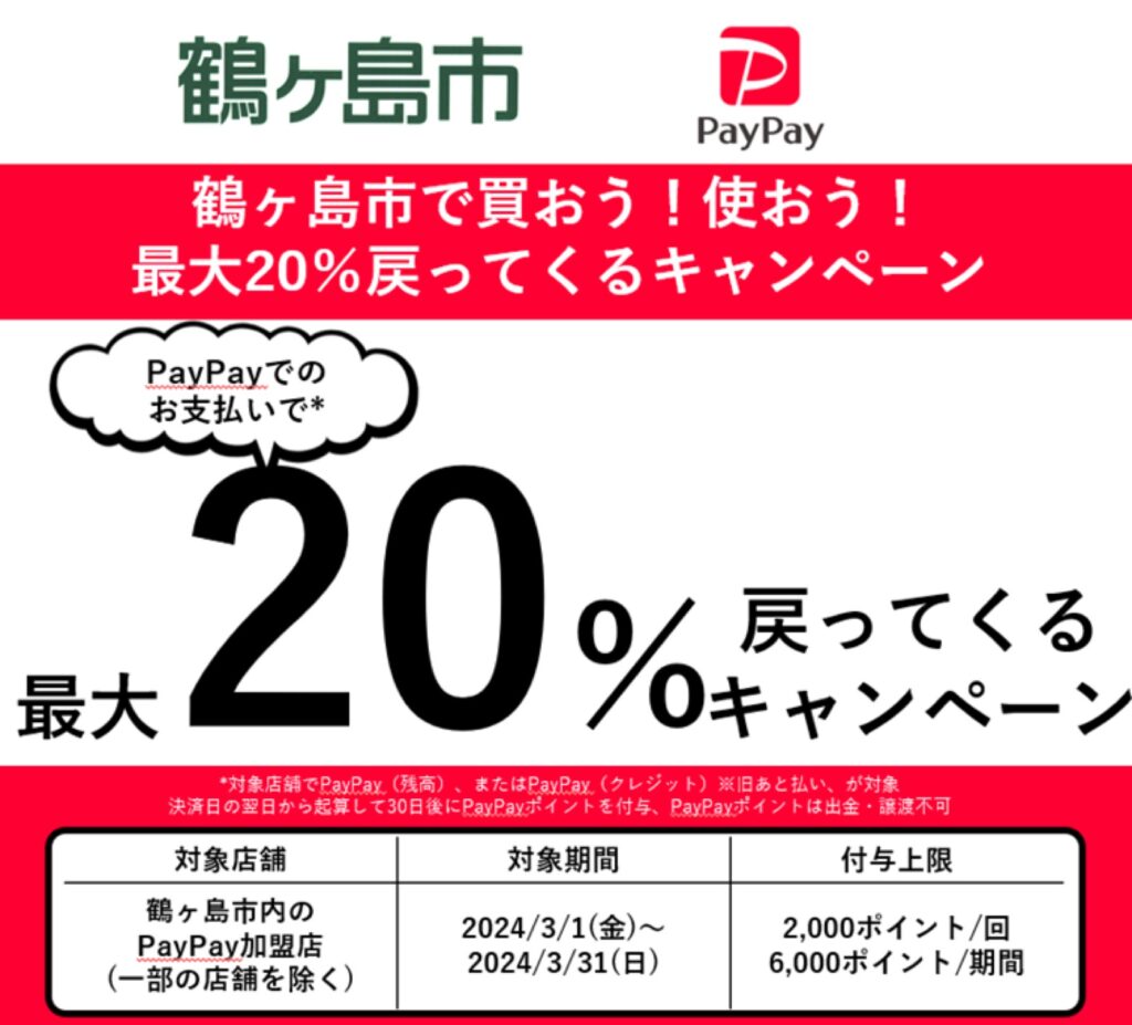 鶴ヶ島市生活者応援キャンペーン! PayPay の利用で最大20%のポイント付与!